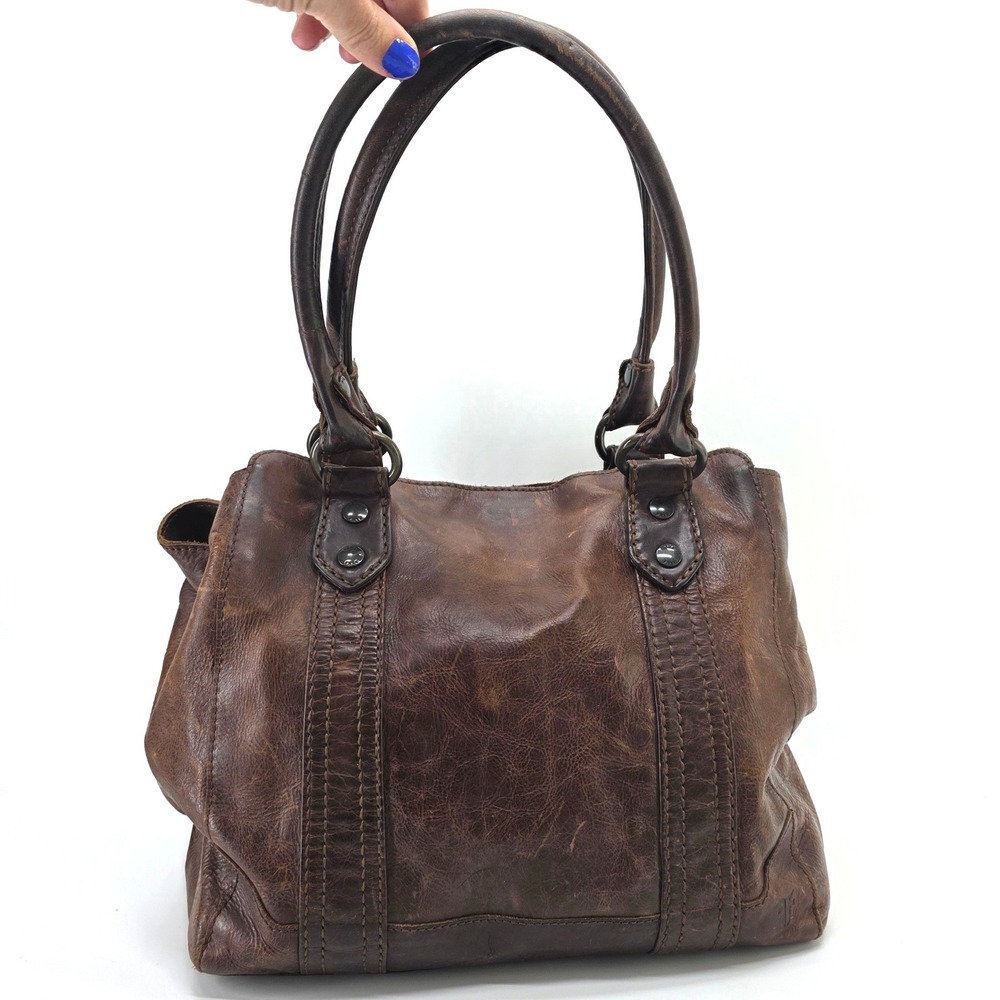 Frye Melissa Tote Dark Brown Shoulder‎ Bag Distressed Leather Satchel Boho Purse